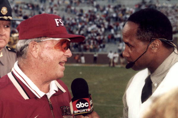 ABC Sportscaster Lynn Swann interviewing FSU head football coach Bobby Bowden - Tallahassee, Florida.