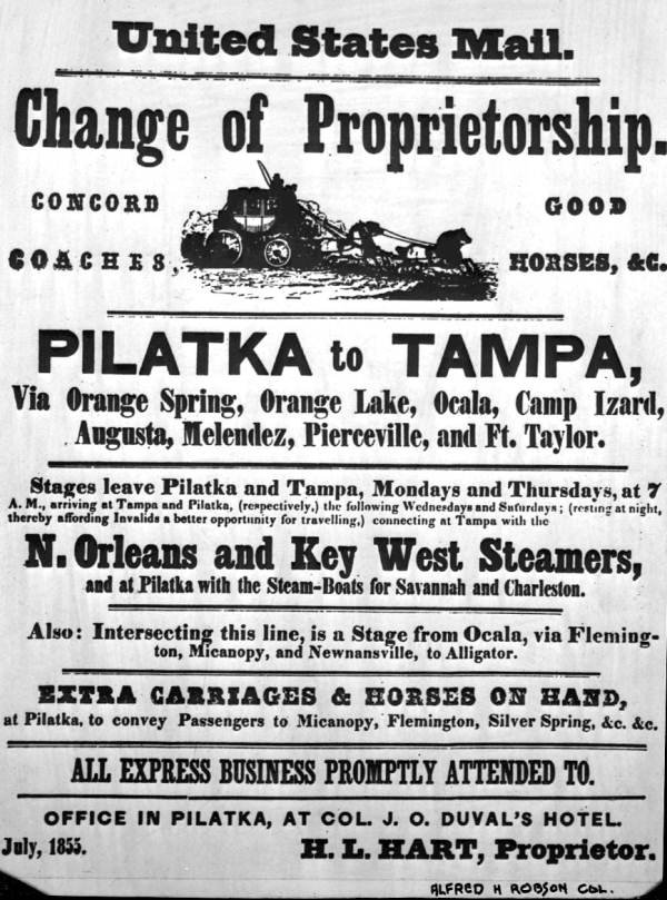 Poster announcing change of ownership of a stagecoach line from Palatka to Tampa
