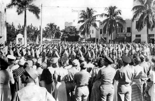 Army Air Force troops marching down Lincoln Road - Miami Beach, Florida