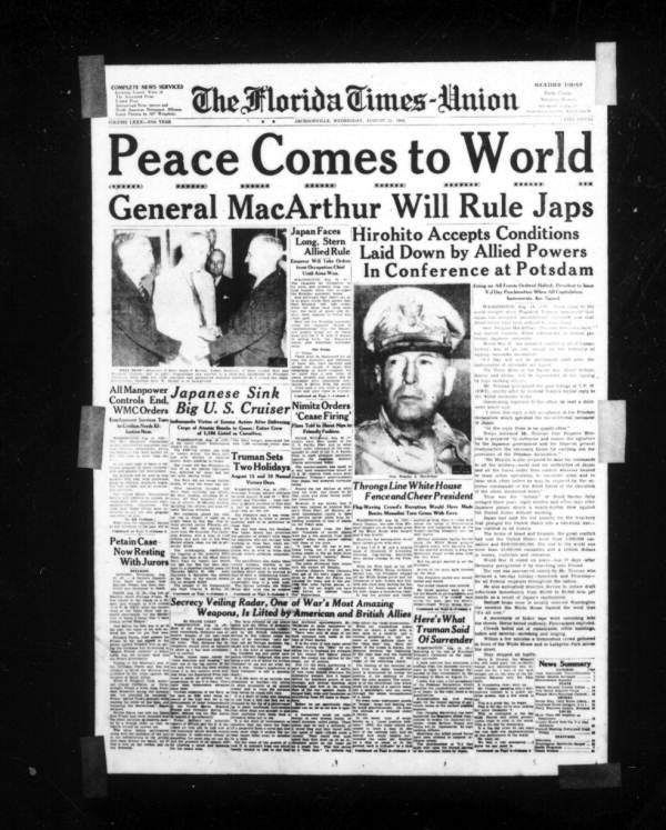 Florida Times Union headline declaring world peace