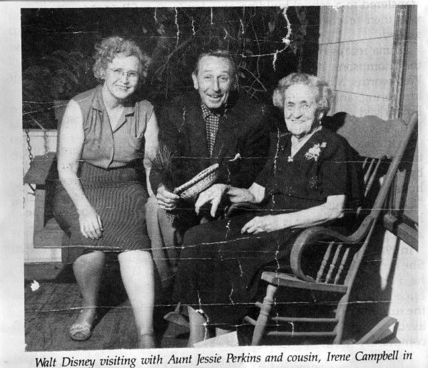 Walt Disney visiting with Aunt Jessie Perkins and cousin, Irene Compbell.