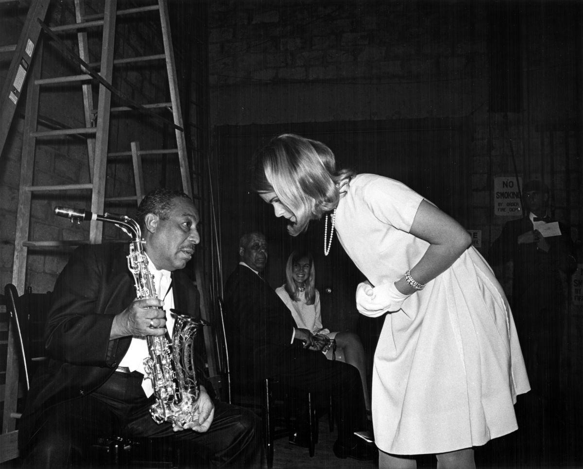 John Cornelius "Johnny" Hodges, alto saxophonist from the Duke Ellington Orchestra, talking to student at the Pine Crest School - Fort Lauderdale, Florida.