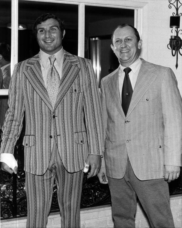 Miami Dolphins football team linebacker Nick Buoniconti, left, standing with a man in Fort Lauderdale.