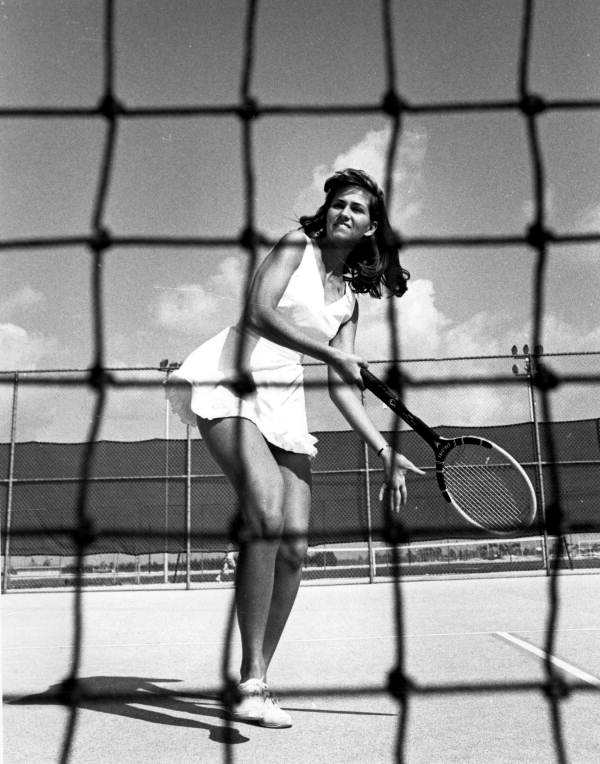 Future Miss Universe 1967, Sylvia Hitchcock, playing tennis at Miami-Dade Junior College