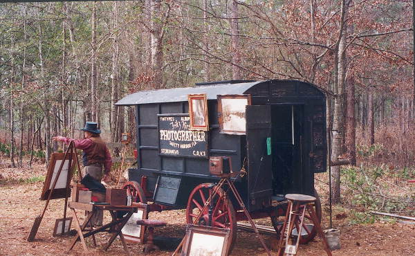 Period photographer Fritz Kirsch with his wagon at the Olustee Battlefield Historic State Park reenactment festival - Baker County, Florida