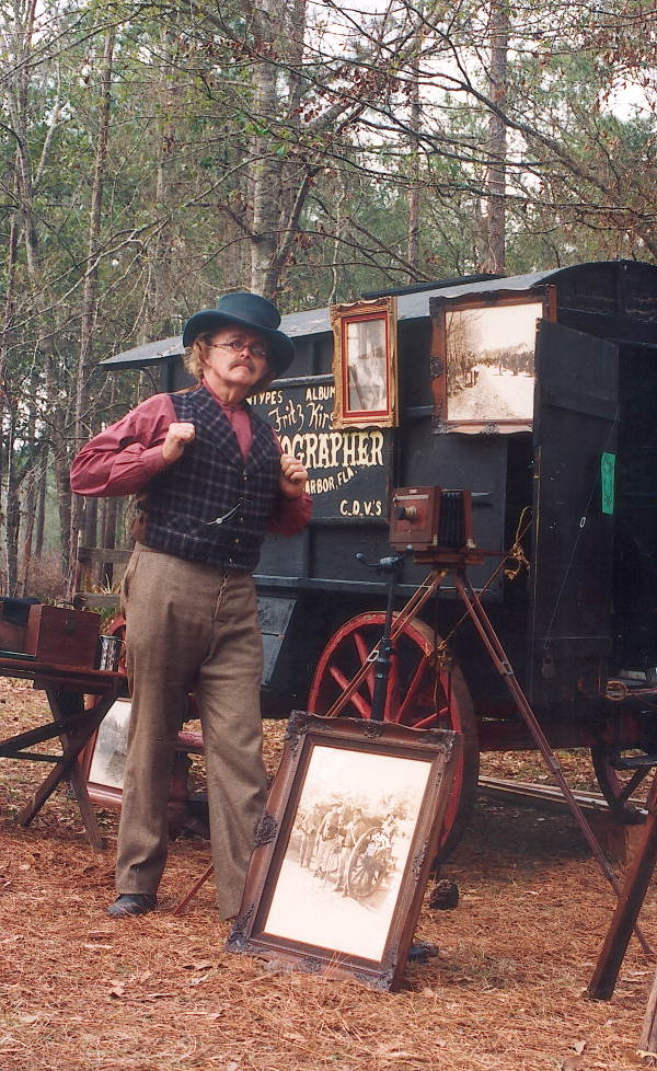 Portrait of period photographer Fritz Kirsch with his wagon at the Olustee Battlefield Historic State Park reenactment festival - Baker County, Florida