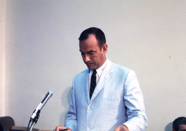 Portrait of Florida Division of Recreation and Parks director Ney C. Landrum at the microphone
