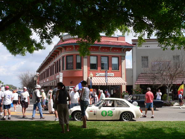 Vintage MG race car in front of Buckeye Building on the Circle..