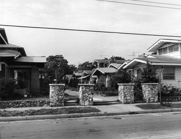 View showing homes along Bungalow Terrace in the Hyde Park Historic District neighborhood of Tampa, Florida.