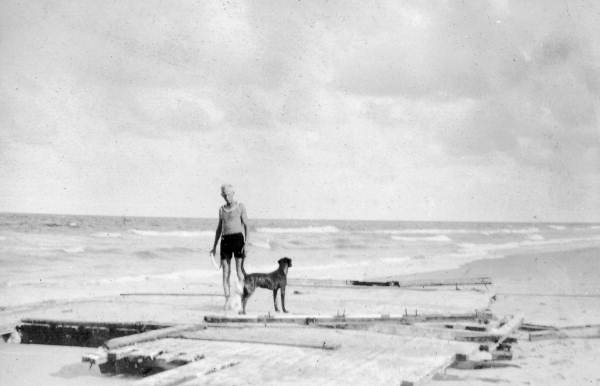 Man with dog on a beach in the Florida Everglades.