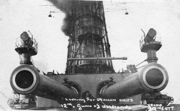 Tthe 12-inch main guns were known as the "Peace makers". Note the cage mast in the background.
