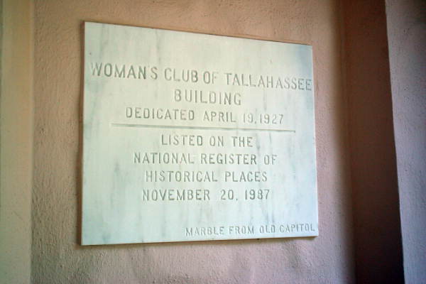 Woman's Club of Tallahassee commemorative marble plaque.