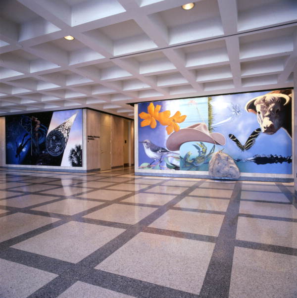 Two 9'x18' murals on west plaza level of the Capitol by artist James Rosenquist.