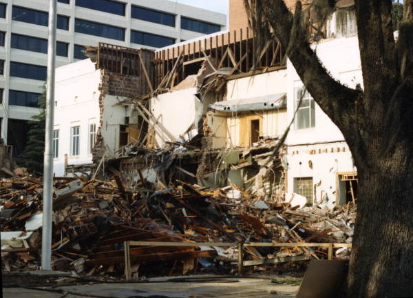 "Destruction of 1883 Leon County Courthouse in preparation for rebuilding."