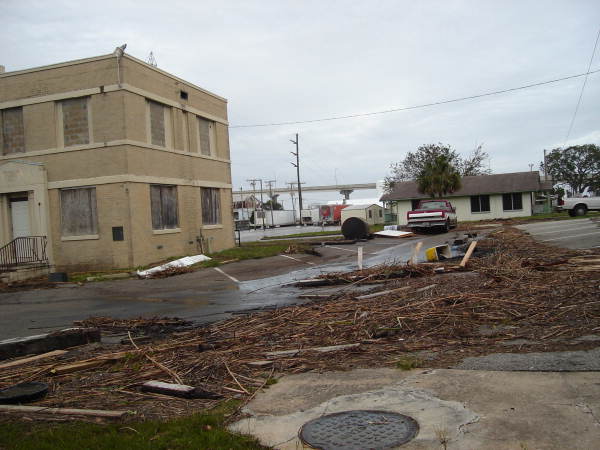 Debris on parking lot in Apalachicola from Hurricane Dennis