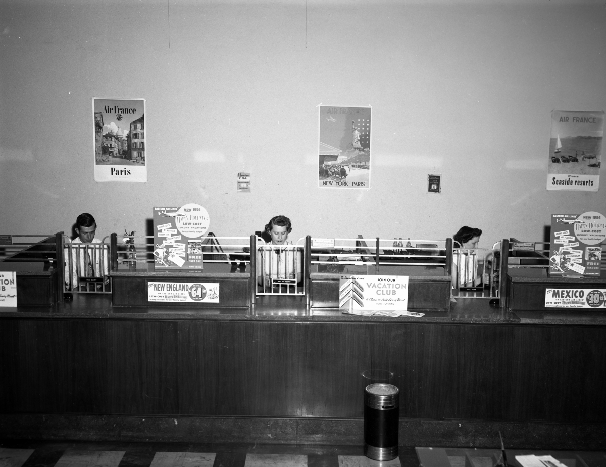 Eastern Air Lines vacation display at a bank