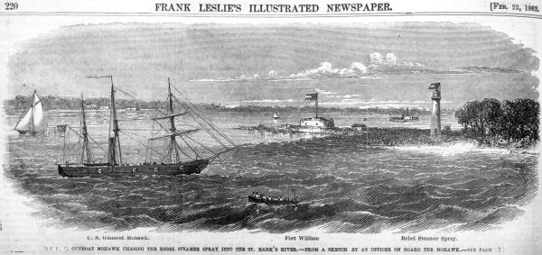 The U.S. Gunboat Mohawk chasing the rebel steamer Spray into the St. Marks River (1862) The U.S. Gunboat Mohawk chasing the rebel steamer Spray into the St. Marks River (1862)