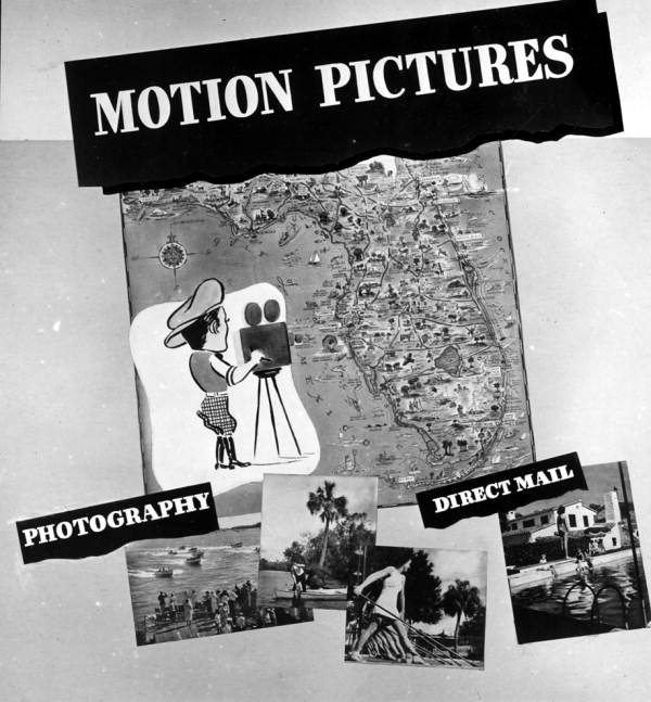 Poster, created by the State Advertising Commission, showing advertising methods used for the "This is Florida - and so is this!" booklet