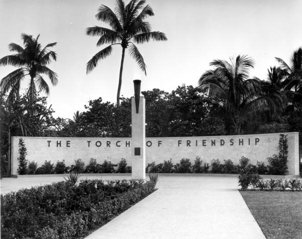 Front view of "The Torch of Friendship" monument in Bayfront Park : Miami, Florida.