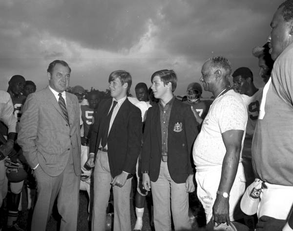 Governor Kirk and twin sons Frank and Will visiting with FAMU football coach Jake Gaither - Tallahassee, Florida.