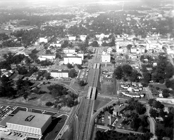 Aerial view looking west along Apalachee Parkway towards the capitol complex center - Tallahassee, Florida.