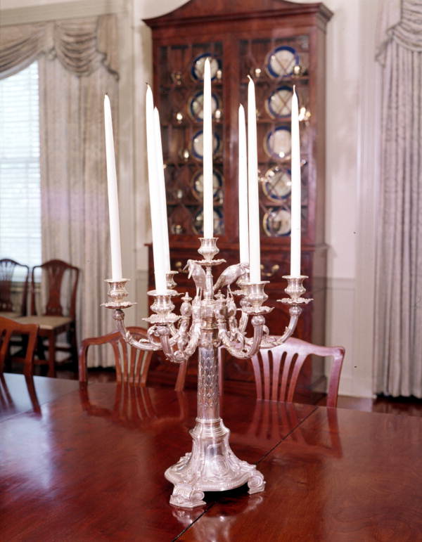 Battleship Florida silver candlestick on the dining table at Governor's Mansion - Tallahassee, Florida