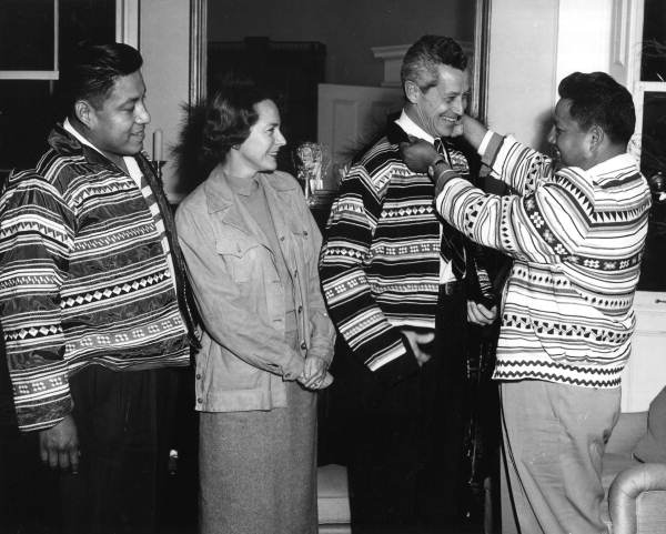 Governor and Mrs. LeRoy Collins with Seminoles in room at "The Grove" - Tallahassee, Florida.