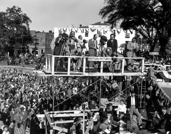 View of motion picture crews at Governor Dan McCarty's inauguration