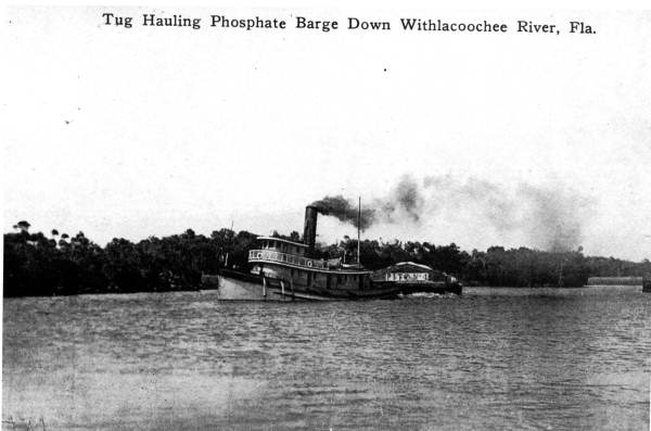 Tugboat hauling phosphate barge down Withlacoochee River