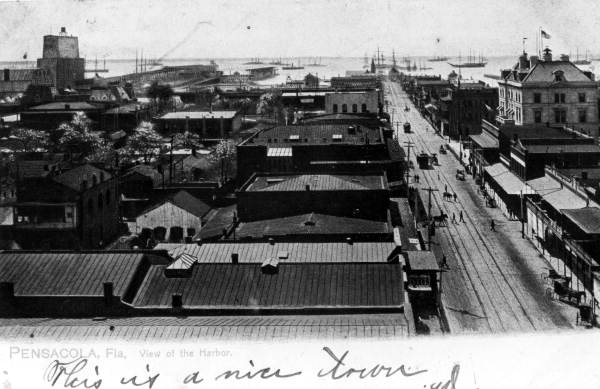 Bird's eye view looking over rooftops at harbor - Pensacola, Florida.