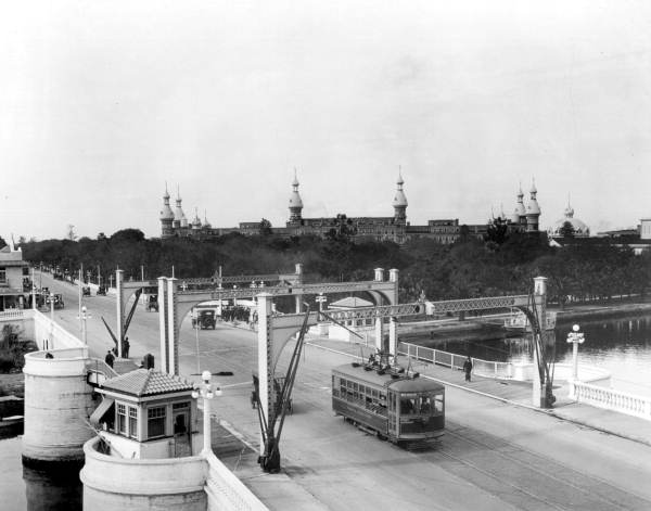 A Tampa Electric Company streetcar running through the Lafayette Street Bridge - Tampa, Florida.