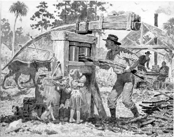 Watercolor by James Calvert Smith of sugarcane grinding