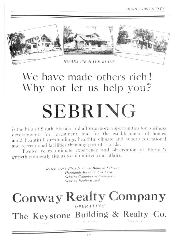 Advertisement by Conway Realty Company for land sales in Sebring, Florida.