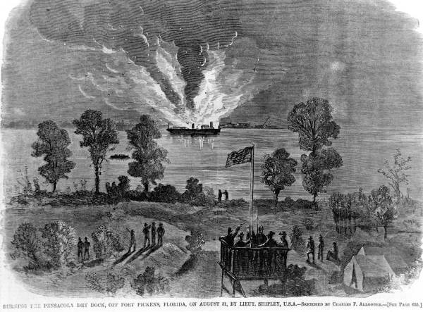 Burning the Pensacola dry dock, off Fort Pickens, Florida, on August 31..