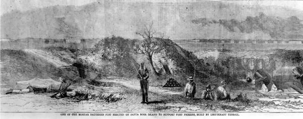 One of the mortar batteries just erected on Santa Rosa Island to support Fort Pickens..