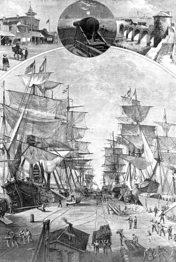 A montage of etchings of Pensacola Harbor - Pensacola, Florida.