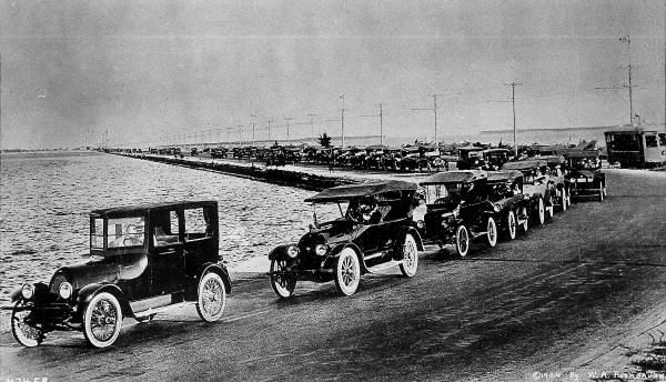 Automobiles on the county causeway - Miami Beach, Florida.