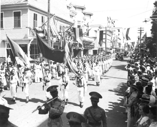 Members of the Cuban navy parading on Duval Street - Key West, Florida.