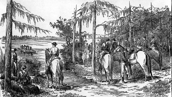 Confederate cavalrymen crossing the St. John's River with prisoners