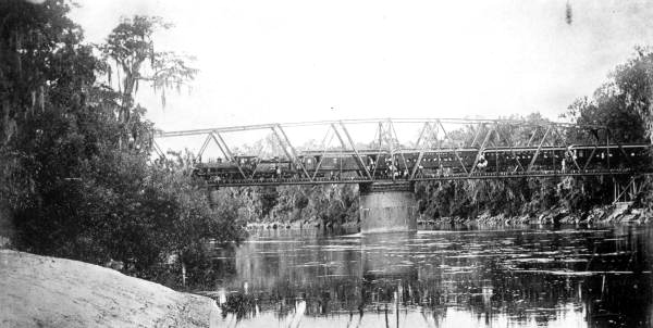 Suwannee & San Pedro Railroad train crossing Drew Bridge over the Suwannee River