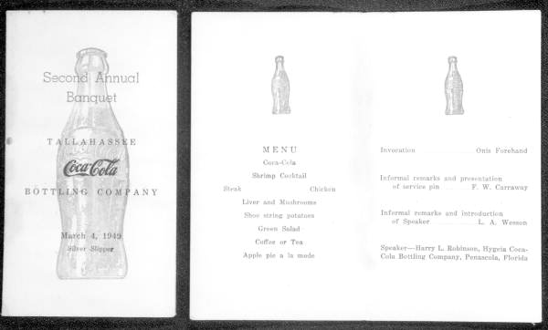 Menu and program for a Tallahassee Coca-Cola Bottling Company banquet at the Silver Slipper restaurant