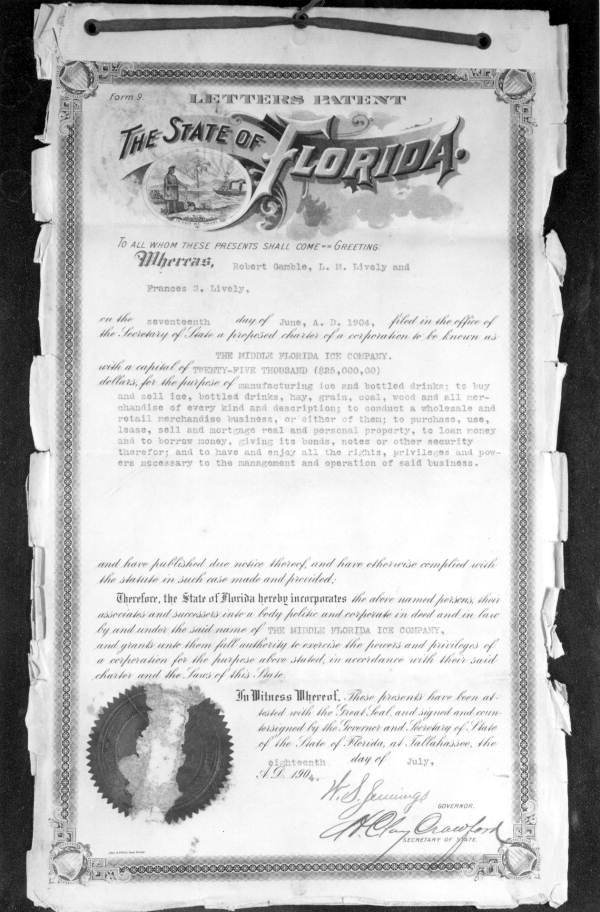 Middle Florida Ice Company incorporation papers - Tallahassee, Florida