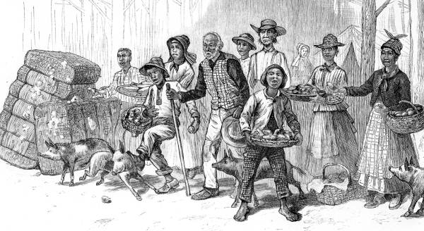 Etching of African Americans at a railroad station