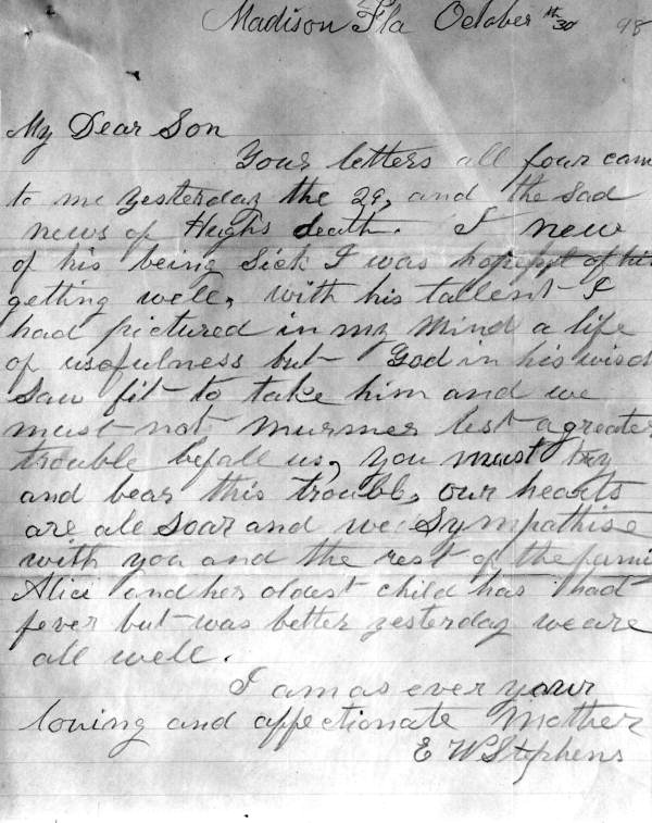 Letter by Elizabeth White Stephens to her son - Madison, Florida