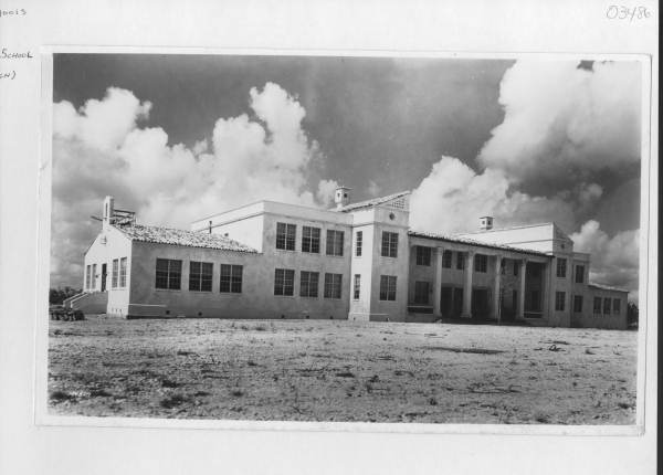 Exterior front view of newly constructed Ponce de Leon High school - Coral Gables, Florida