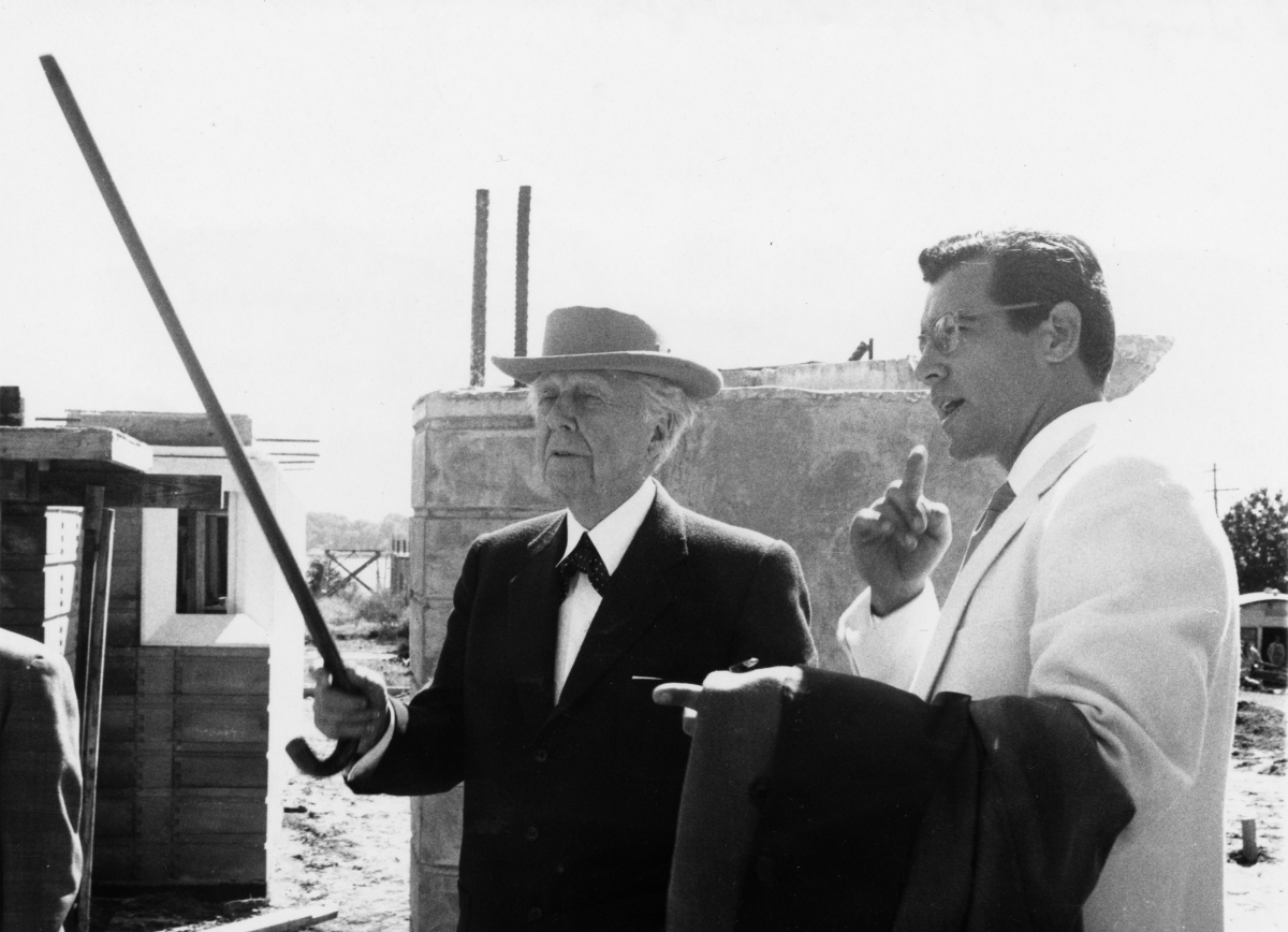 Frank Lloyd Wright inspecting work on his buildings - Lakeland, Florida.