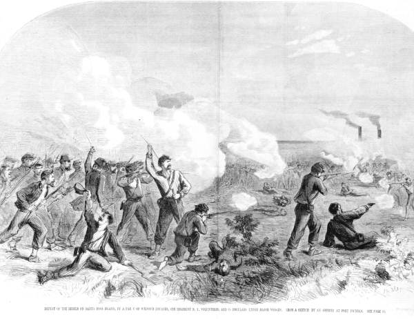 Engraving of the defeat of rebels at Fort Pickens - Santa Rosa Island, Florida.