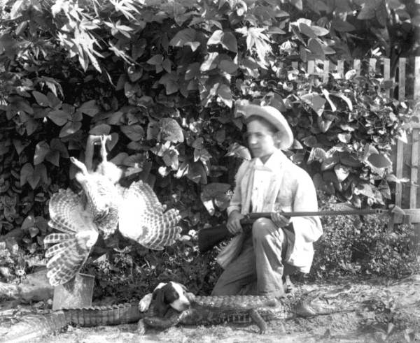 Harry Stokes and dog with an alligator and hawk - Mohawk, Florida