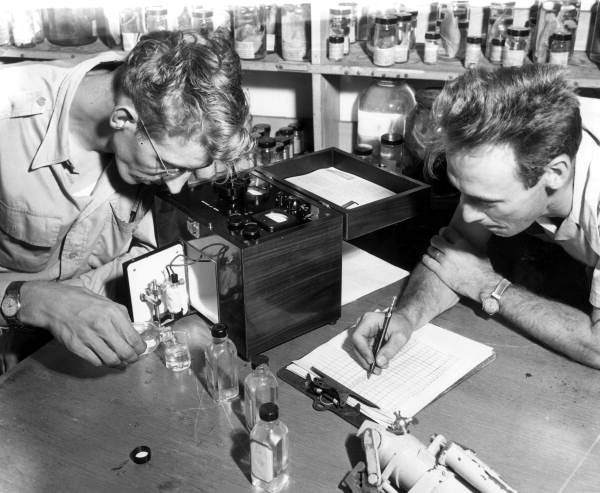 Marine biologists studying water conditions in a pollution investigation