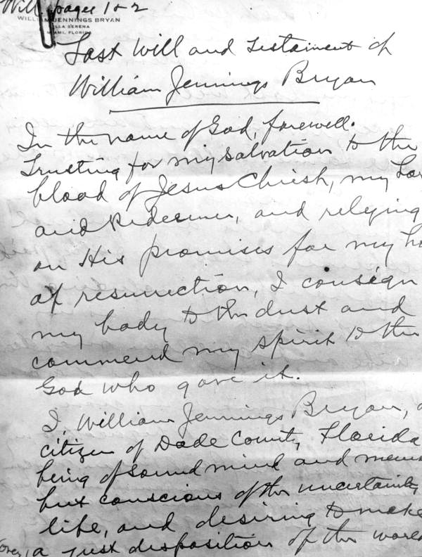 First page of the last will and testament of William Jennings Bryan - Miami, Florida